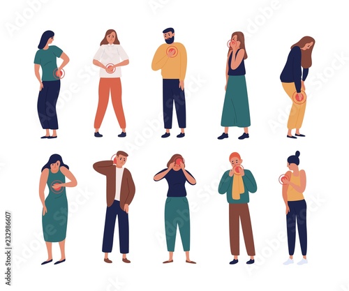 Collection of unhappy people suffering pain or ache in different body parts - chest, neck, leg, back, arm. Set of ill people isolated on white background. Flat cartoon colorful vector illustration. photo