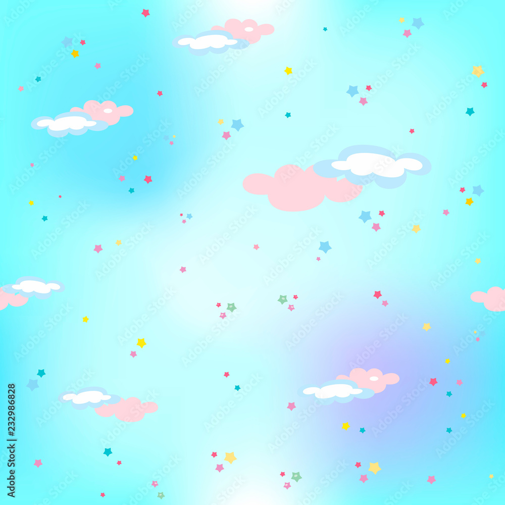 Blue sky with stars and clouds.Magic. Seamless pattern. Vector. Blue sky with stars and clouds.Magic. Seamless pattern. Vector.