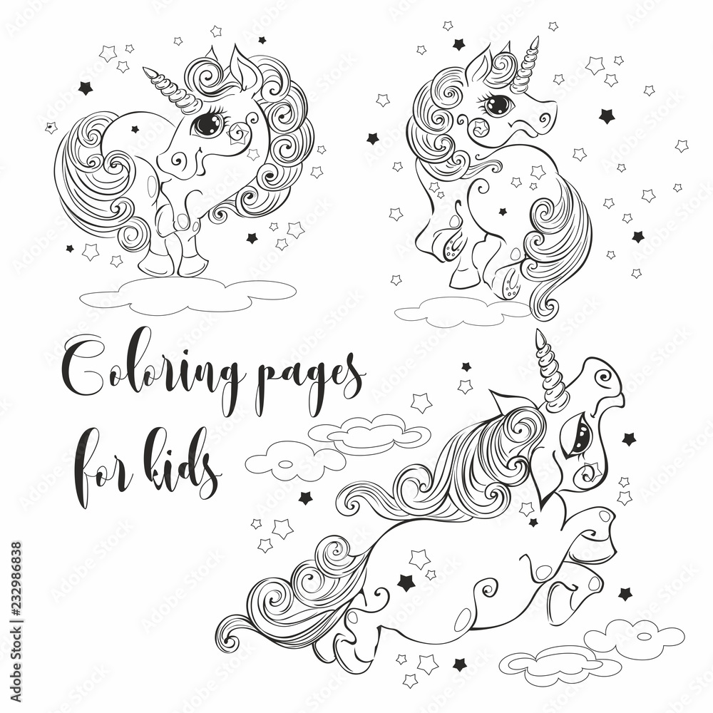 Fototapeta premium Magical unicorns coloring. For children. Vector illustrations.