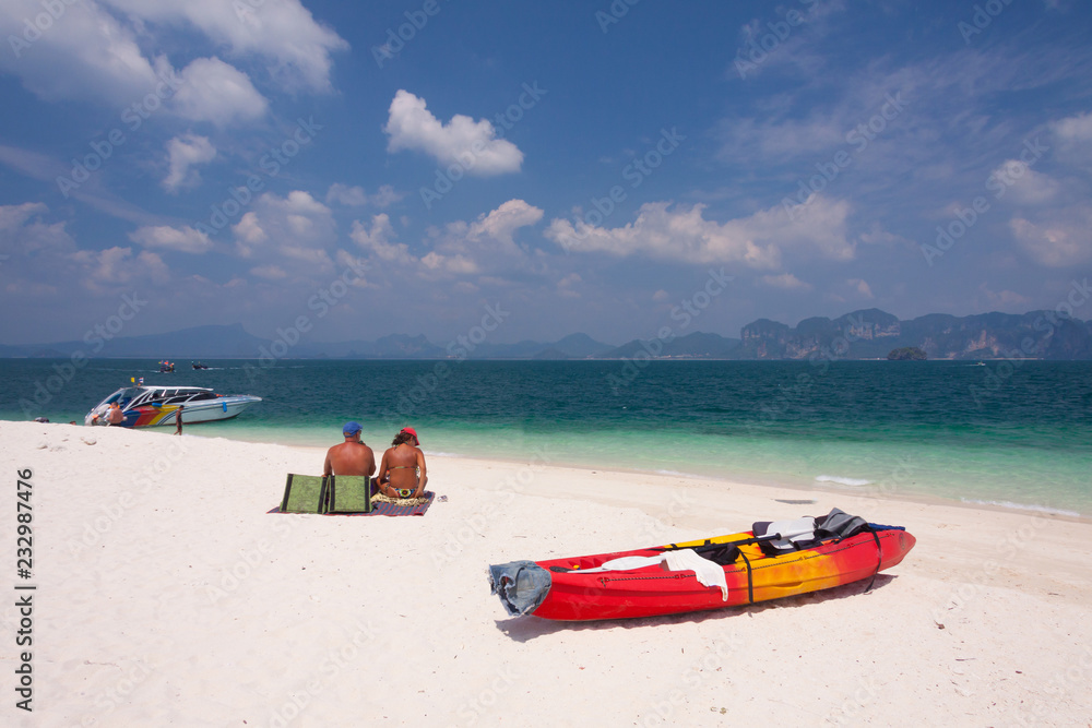 Beach and red Canoe at Andaman sea ,Krabi   Thailand