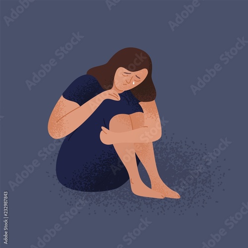 Sad crying lonely young woman sitting on floor. Depressed unhappy girl. Female character in depression, sorrow, sadness. Mental disorder or illness. Colorful vector illustration in flat cartoon style.