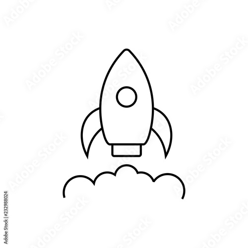 Rocket launch icon. Spaceship startup sign. Spacecraft flight symbol. Thin line icon on white background. Vector illustration.