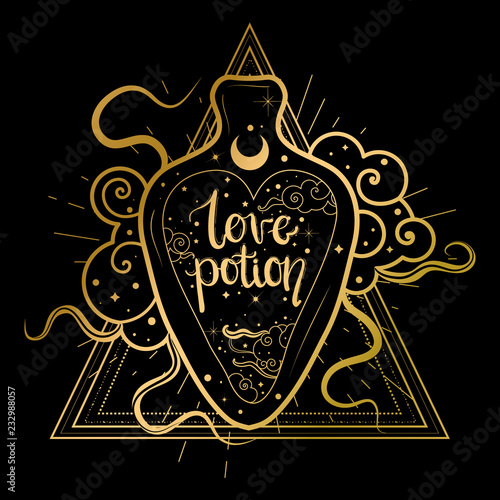 Trendy boho illustration with bottle of love potion. Valentine's day concept