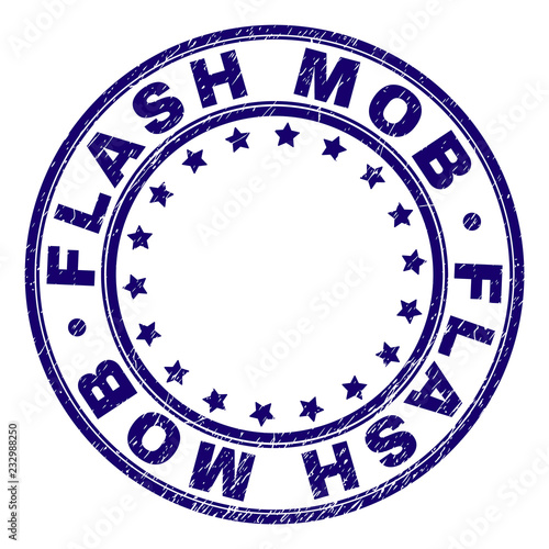FLASH MOB stamp seal imprint with grunge texture. Designed with round shapes and stars. Blue vector rubber print of FLASH MOB label with dirty texture.
