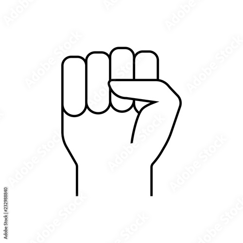 Black flat simple icon style line art. Outline symbol with stylized image of a gesture hand of a human fist to the top. Stroke vector logo mono linear pictogram web graphics.