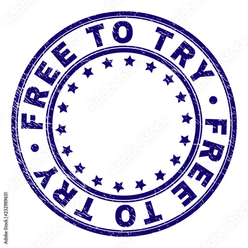 FREE TO TRY stamp seal watermark with distress texture. Designed with circles and stars. Blue vector rubber print of FREE TO TRY caption with retro texture.