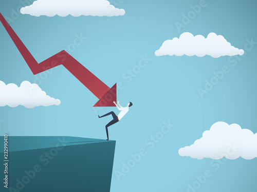 Bankrupt businessman falling off a cliff, pushed by downward arrow. Symbol of bankruptcy, failure, recession, crisis and financial losses on stock exchange market. photo