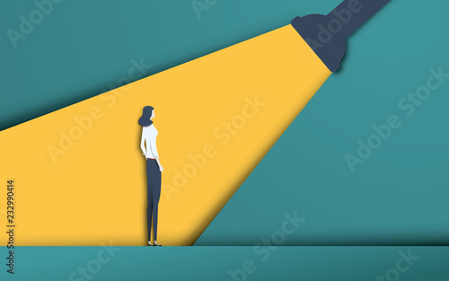 Business recruitment and talent headhunting vector concept in modern 3d paper cutout style. Businesswoman in spotlight. Symbol of hiring, employee search, vacancy.