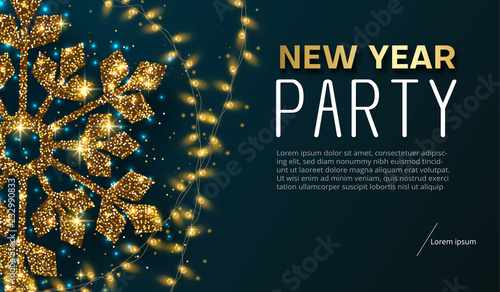 New Year party poster or invitation with gold shiny snowflake and lights.