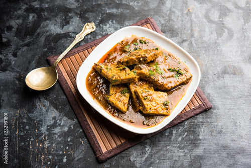 Patodi Rassa Bhaji or patwadi Sabji, a popular Maharashtrian spicy recipe served with Chapati and salad. Selective focus photo