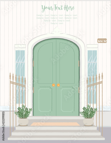 Front Door House Exterior Entrance. Web banner template background. Editable vector illustration