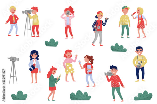 Flat vector set of media people. Professional journalists, photographers and cameramen at work. Official press reporters