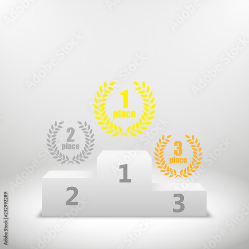 Illuminated sport winners pedestal with laurel awards for winners.
