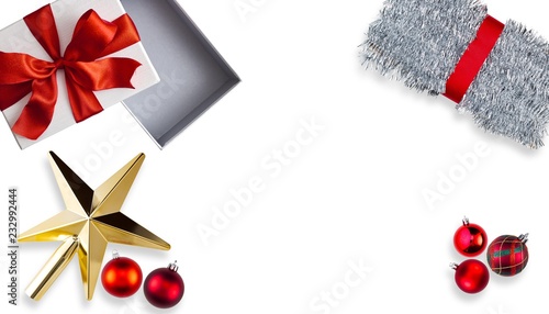 Christmas Gold Star Silver Tinsel Decoration On White Background 
