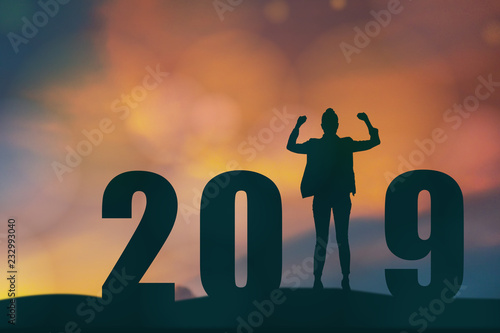 celebrating new year 2019 Silhouette freedom young hope business man standing and enjoying on the the top of the building, city scape, landscape and 2019 years , copy space