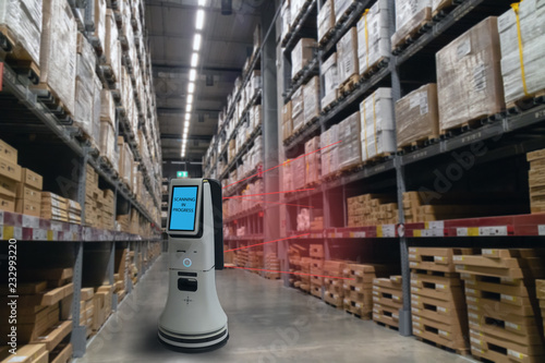 smart retail concept, robot service use for check the data of or Stores that stock goods on shelves with easily-viewed barcode and prices or photo compared against an idealized representation of store photo