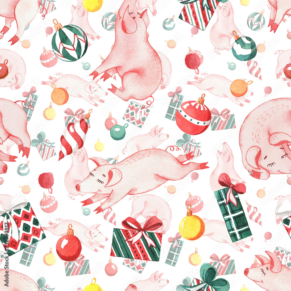 The pattern with watercolors New Year's piglets, christmas decorations, gifts and sweets. The pattern with watercolors New Year's piglets, christmas decorations, gifts and sweets.