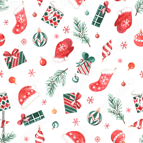 The pattern with watercolors New Year's decorations, gifts and sweets.