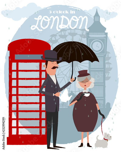 Cute illustration of London street and characters. 5 o'clock in London, Tea time card. Editable vector illustration