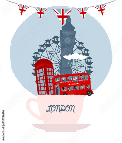 Cute illustration of London landmarks in cup of tea and characters. 5 o'clock in London, Tea time card. Editable vector illustration