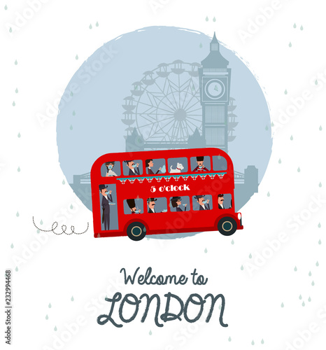 Cute illustration of London red bus and characters. Welcome to London. Editable vector illustration