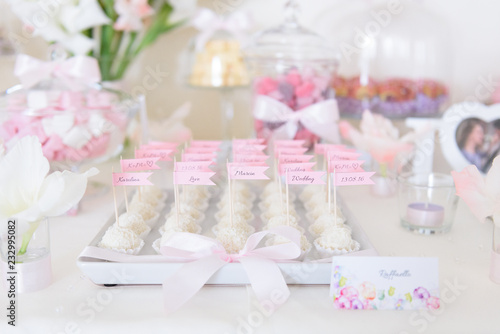 Coconut pralines on a candy bar