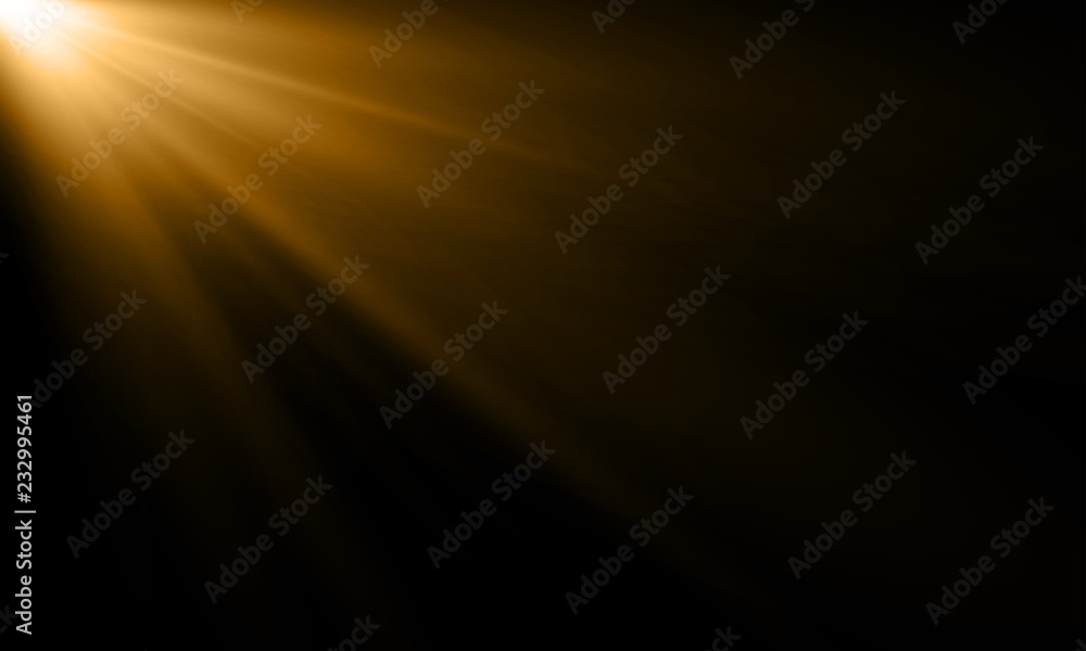 Golden light ray or sun beam vector background. Abstract gold light flash  spotlight backdrop with golden sunlight shine on black background Stock  Vector | Adobe Stock