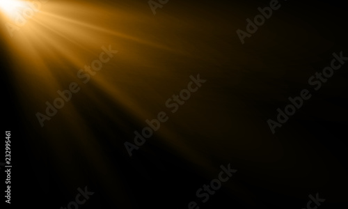 Golden light ray or sun beam vector background. Abstract gold light flash spotlight backdrop with golden sunlight shine on black background