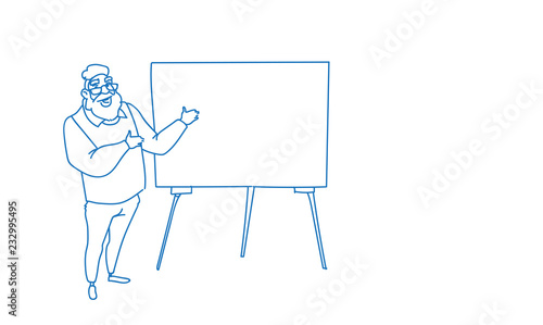 businessman pointing empty flip chart seminar training conference brainstorming presentation sketch doodle horizontal vector illustration