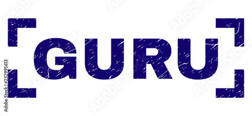 GURU tag seal print with grunge texture. Text tag is placed inside corners. Blue vector rubber print of GURU with unclean texture.