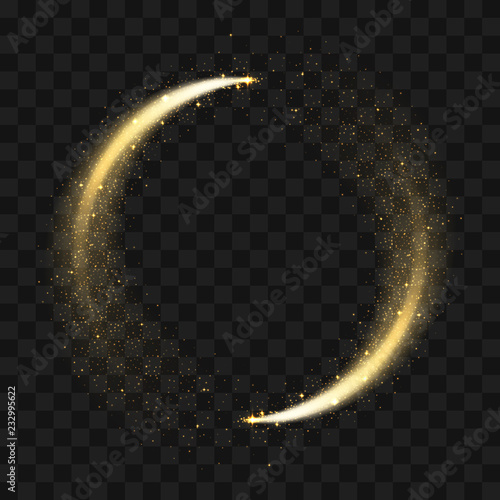 Gold sparkling glitter circle. Vector circle of golden glittering particles with star light trail and shine glow on transparent background