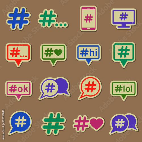 hashtag color vector icons on paper stickers