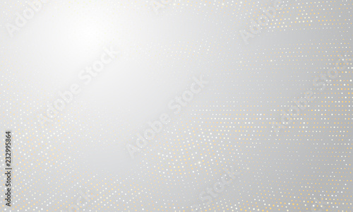 Gold and silver halftone background. Vector golden glitter circle with dotted sparkles pattern texture on white halftone shine