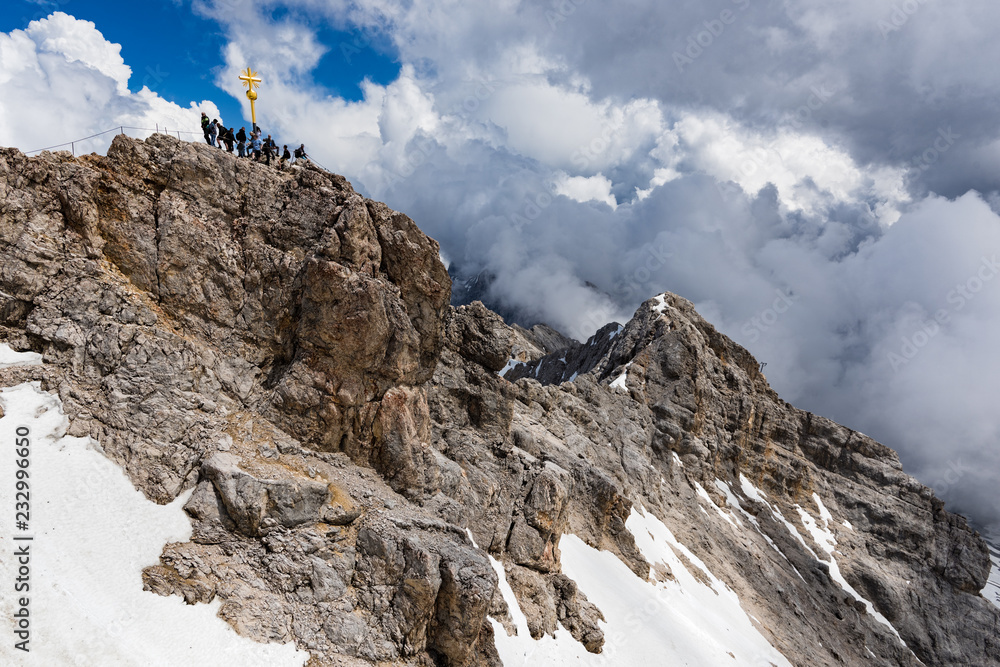 View of the summit of Zugspitze, the highest mountain of the Bavarian Alps, home to three glaciers and Germany's highest ski resort.