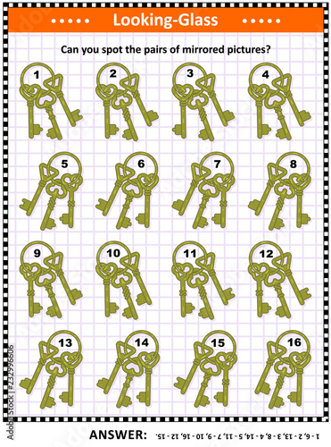 IQ, memory and spatial skills training visual abstract puzzle with key bunches: Can you spot the pairs of mirrored pictures? Answer included.
