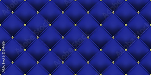 Royal blue background with gold buttons. Vector leather or velvet vintage luxury upholstery with golden buttons seamless pattern background