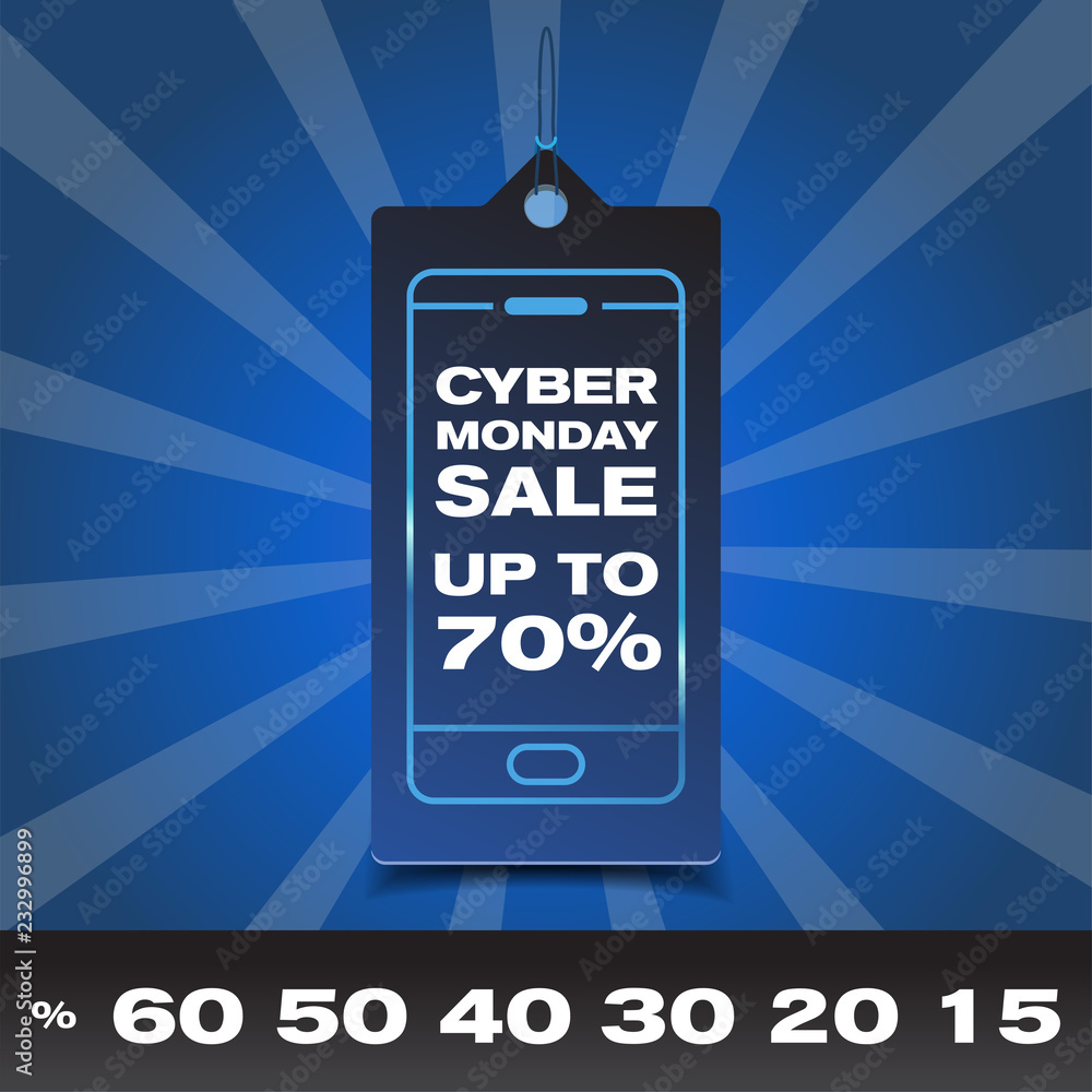 Naklejka premium Cyber Monday mobile concept sale and discount with typographic design in a hanging label tag 