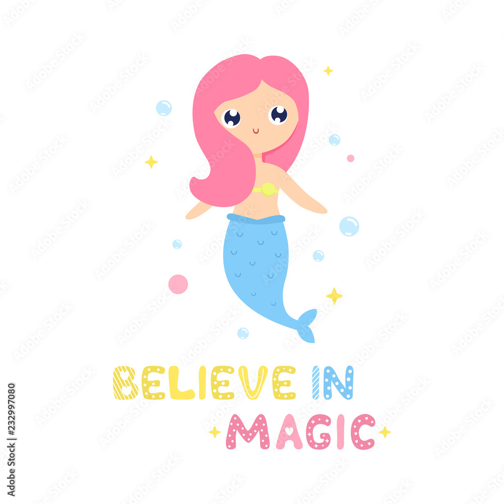 Cute cartoon mermaid vector illustration. Believe in magic card, print. Cute cartoon mermaid vector illustration. Believe in magic card, print.
