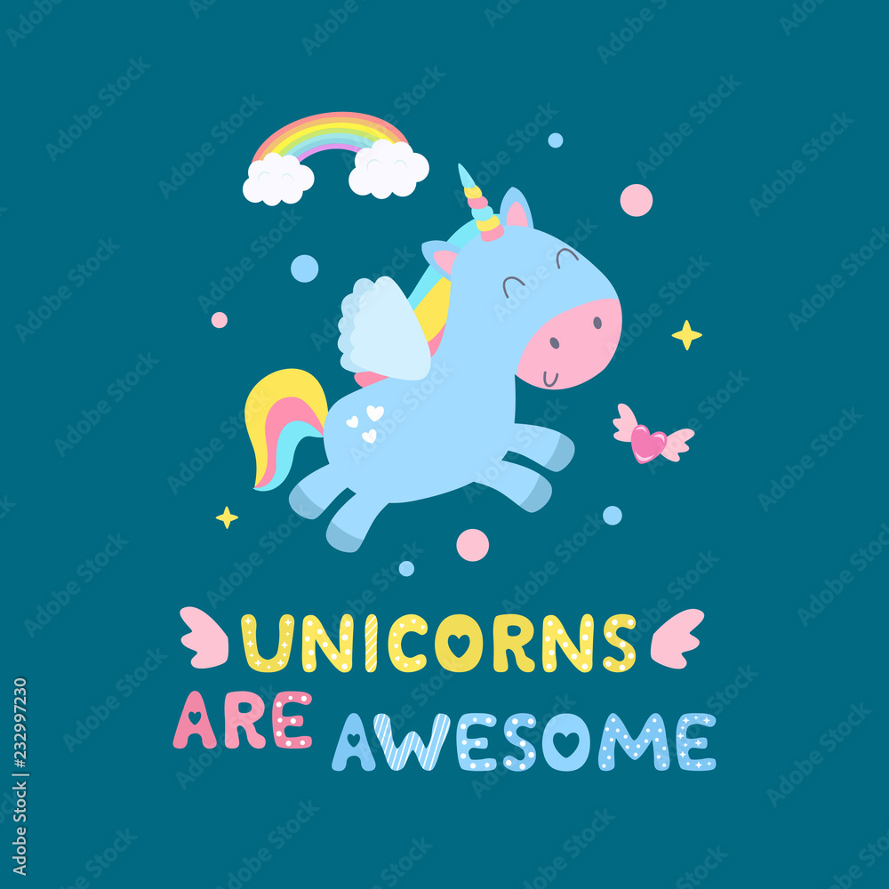 Cute unicorn and magical items vector illustration. Unicorns are awesome card, print.