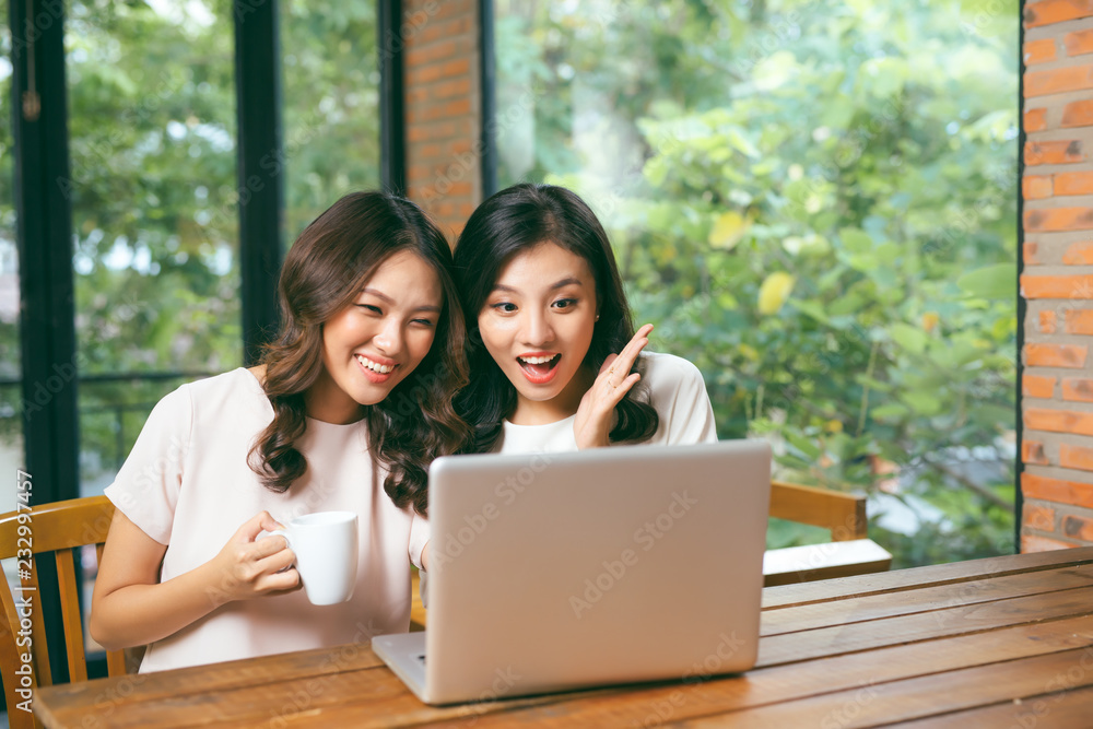 Two multiracial young female friends surfing the internet together on a laptop as they sit in a cafeteria enjoying a cup of coffee Two multiracial young female friends surfing the internet together on a laptop as they sit in a cafeteria enjoying a cup of coffee