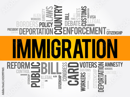 Immigration word cloud collage , social concept background