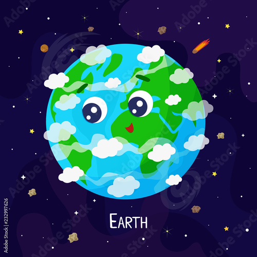 Cute cartoon Earth planet character. Space vector illustration