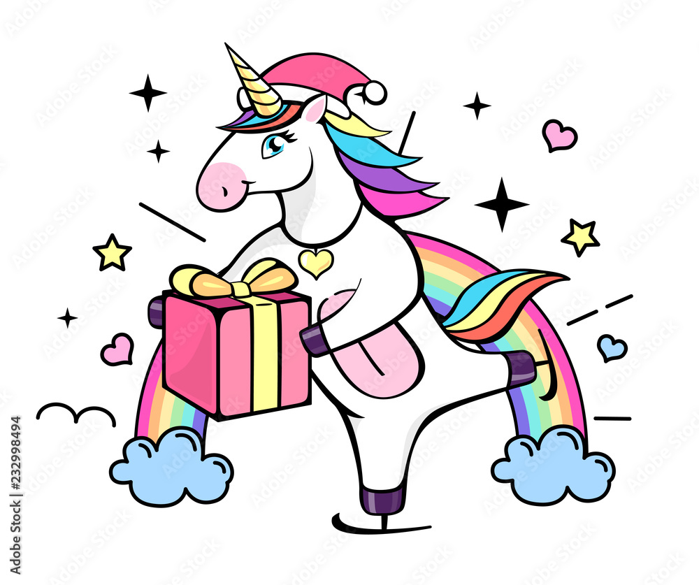 Vector illustration of fantasy skating unicorn with christmas present. Cartoon style design Vector illustration of fantasy skating unicorn with christmas present. Cartoon style design