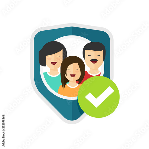 Family protection sign vector illustration, flat cartoon people group protected with shield and checkmark, family insurance or safety concept symbol or icon isolated