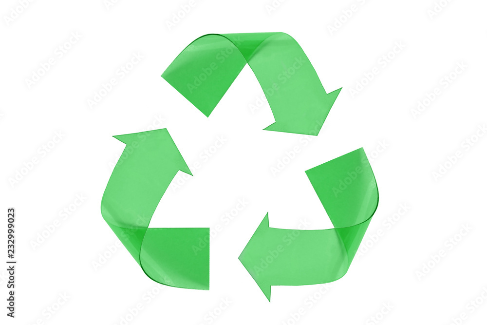 Recyclig symbol made of green plastic on white background Recyclig symbol made of green plastic on white background