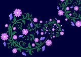 Bright floral ornament with butterflies on a dark background .Vector illustration.