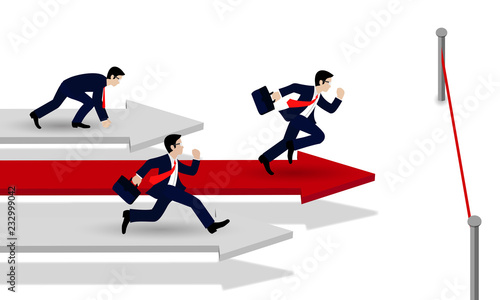 Businessman competing run on the arrow red and white. go to target business success. Move forward to the goal. leadership. creative idea. cartoon vector illustration