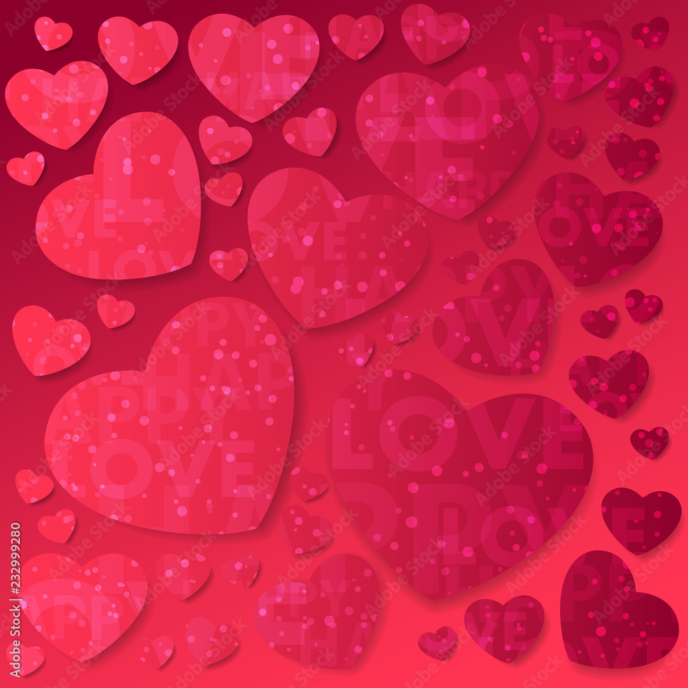 Red pink hearts with confetti, sparkles and lettering love and on pink background. illustration for Happy Valentines Day Red pink hearts with confetti, sparkles and lettering love and on pink background. illustration for Happy Valentines Day