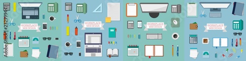 workplace concept, working place design in a flat style, workplace equipment, computer, laptop, phone, calculator, desktop accessories, stationery elements, work icons, vector graphics to design
