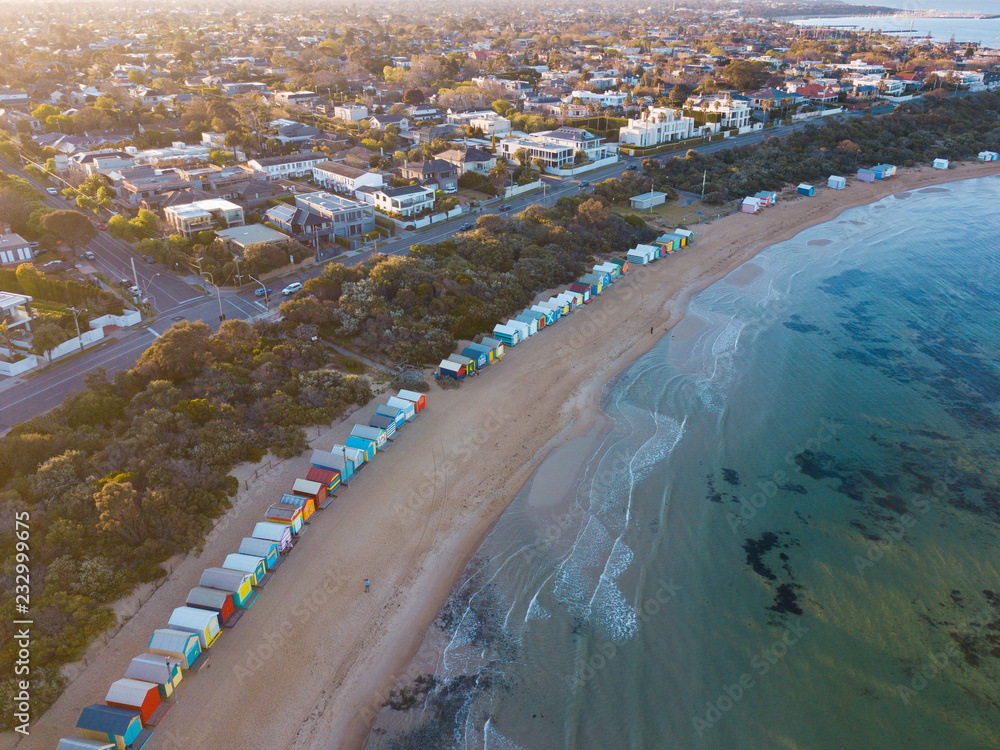 Aerial view of Brighton bathing boxes, Melbourne, Australia.